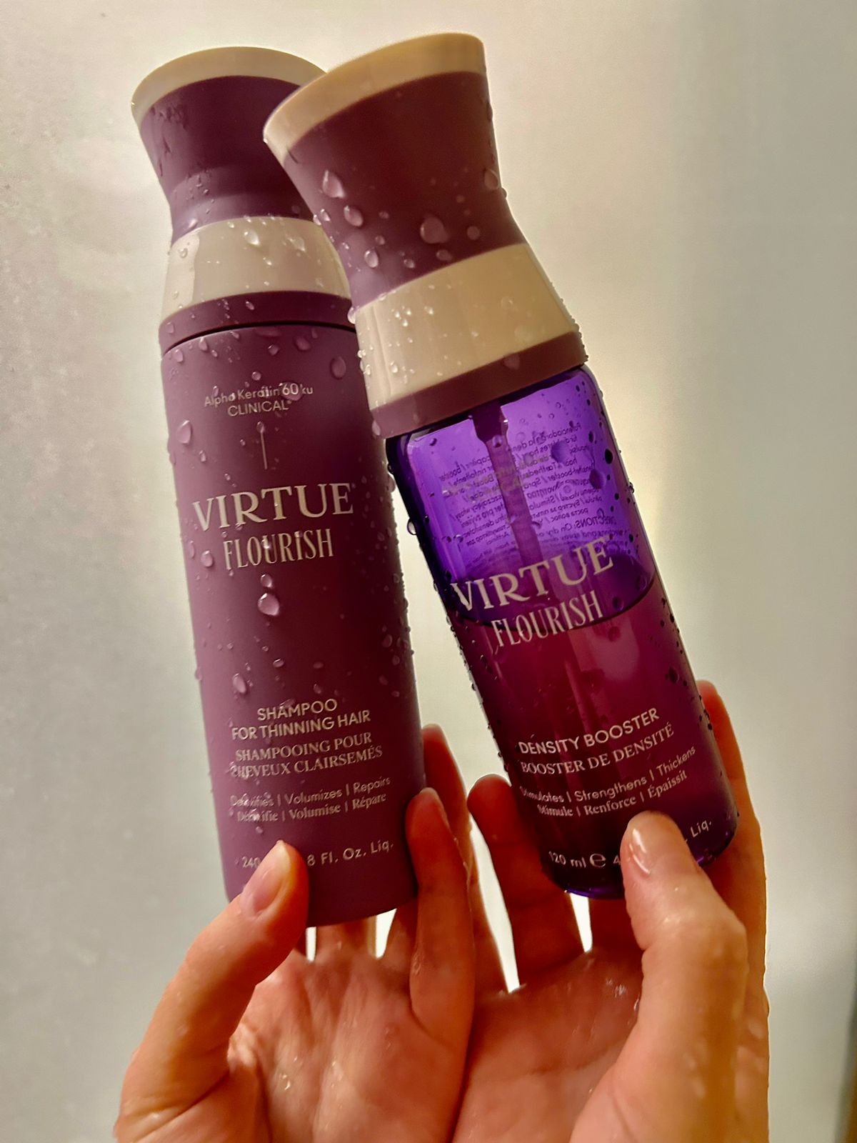 The Virtue Labs Restorative Treatment Mask Virtue Flourish Shampoo for Thinning Hair Virtue Labs Full Shampoo and Conditioner Virtue Labs Healing Oil Virtue Labs Density Booster